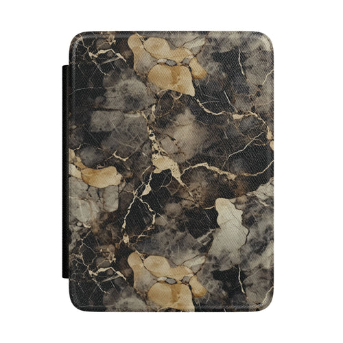 Black and gold marble Kindle case — charcoal vegan leather with warm gold veins