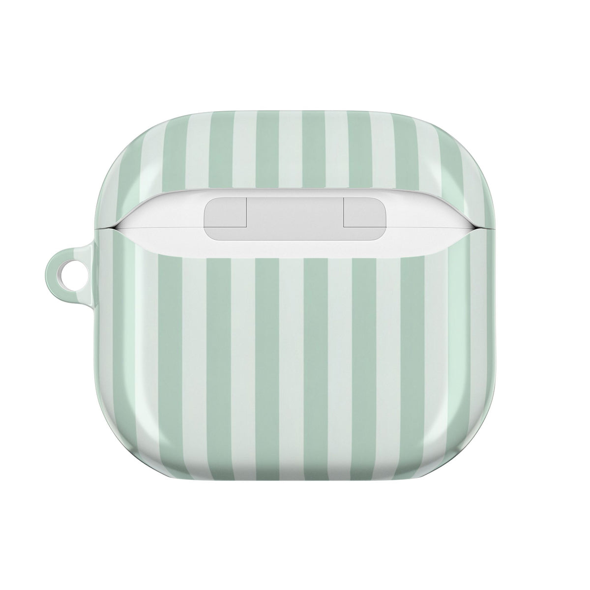 Sage and mint stripe AirPods case — back view with charging cutout