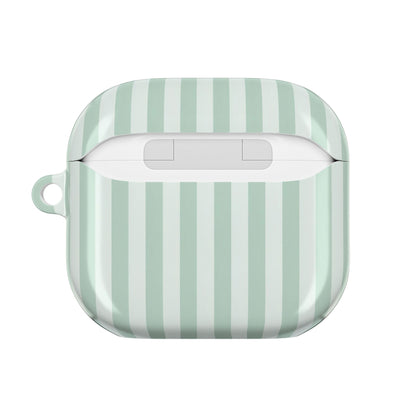 Sage and mint stripe AirPods case — back view with charging cutout