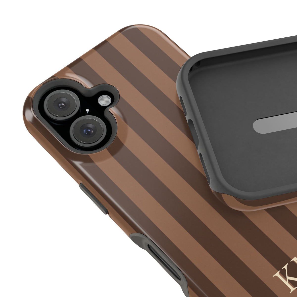 Brown Stripe Initials phone case back view