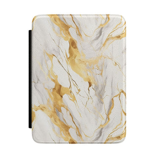 White and gold marble Kindle case — bright vegan leather with molten gold veins