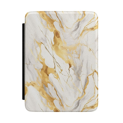 White and gold marble Kindle case — bright vegan leather with molten gold veins