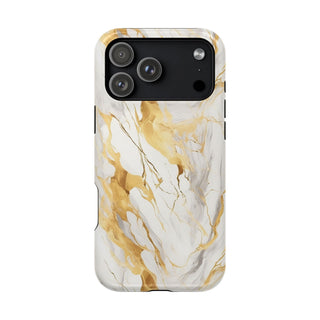 White and gold marble MagSafe iPhone case — bright stone print with molten gold veins