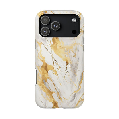 White and gold marble MagSafe iPhone case — bright stone print with molten gold veins