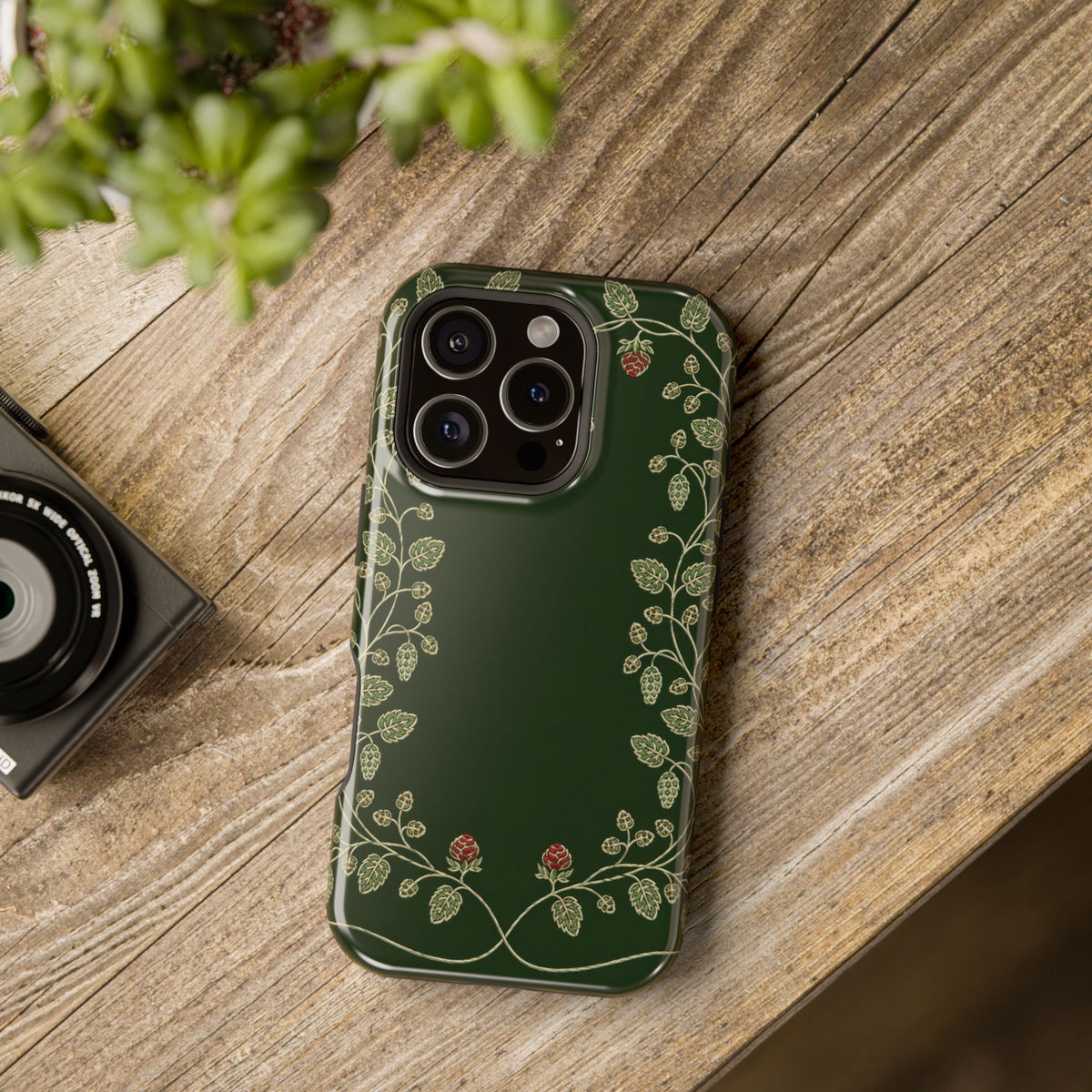 Hop Vine Wreath phone case with buttons and ports open