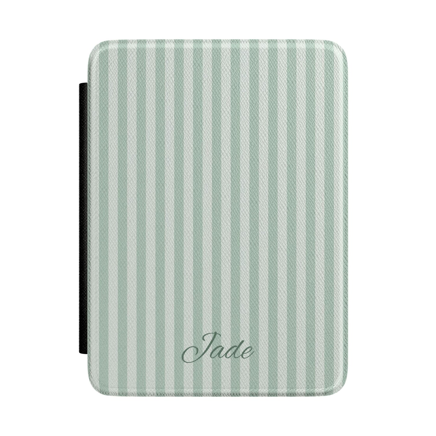 Personalized sage stripe Kindle case with debossed name — Quiet Bookish custom gift for her