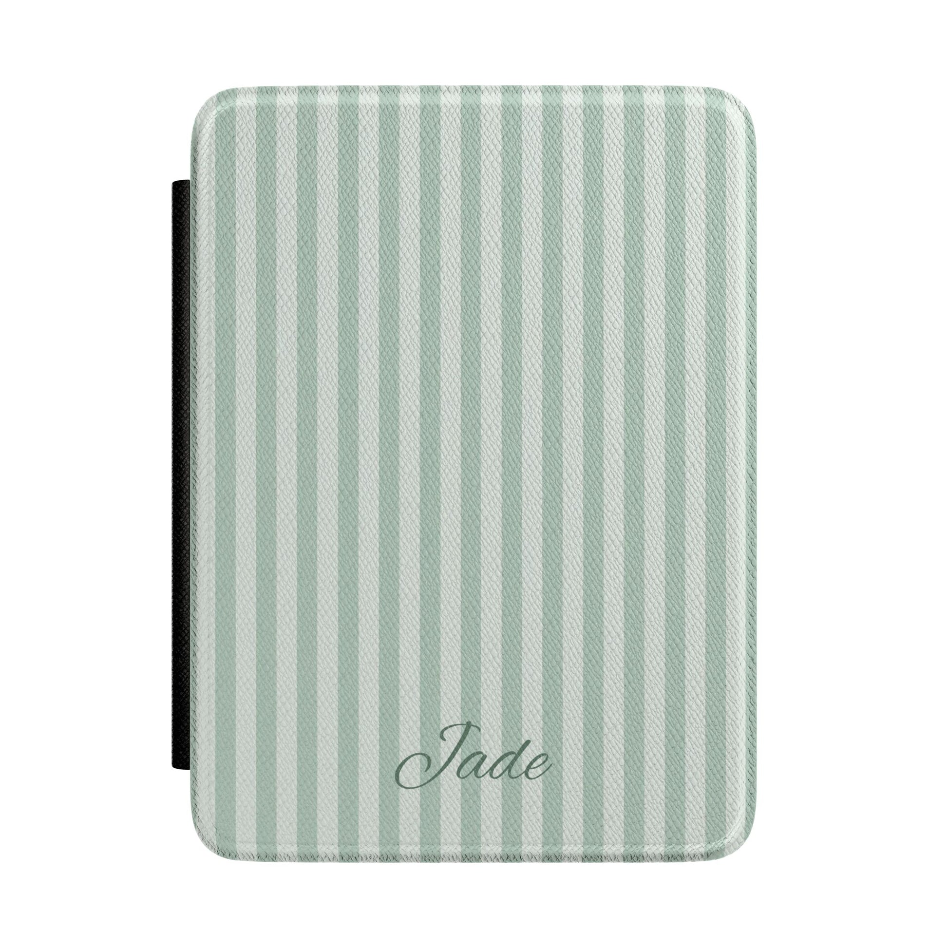Personalized sage stripe Kindle case with debossed name — Quiet Bookish custom gift for her