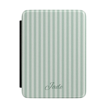 Personalized sage stripe Kindle case with debossed name — Quiet Bookish custom gift for her