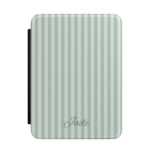 Personalized sage stripe Kindle case with debossed name — Quiet Bookish custom gift for her