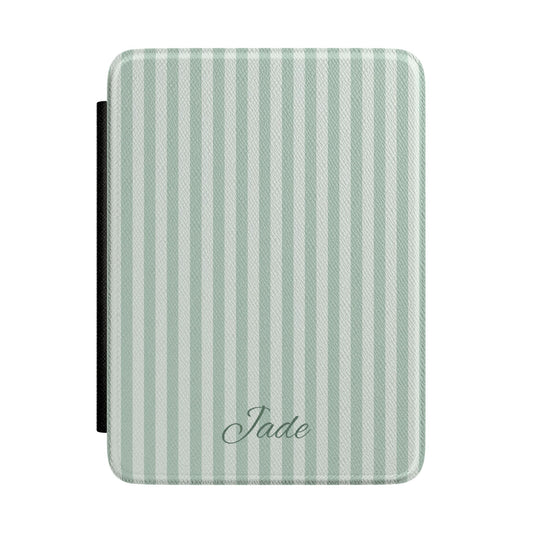 Personalized sage stripe Kindle case with debossed name — Quiet Bookish custom gift for her