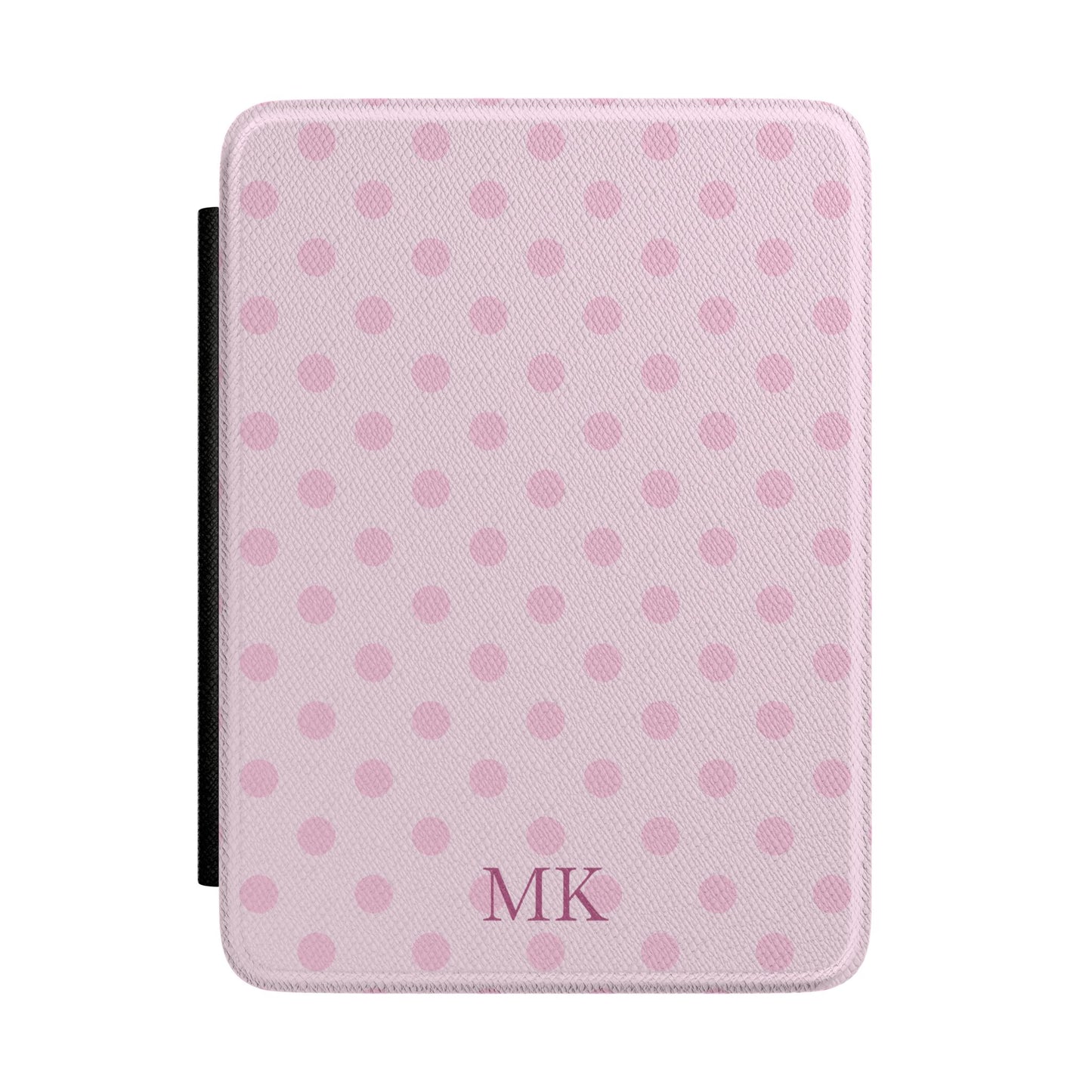 Personalized pink polka dot Kindle case with debossed initials — Coquette custom gift for her
