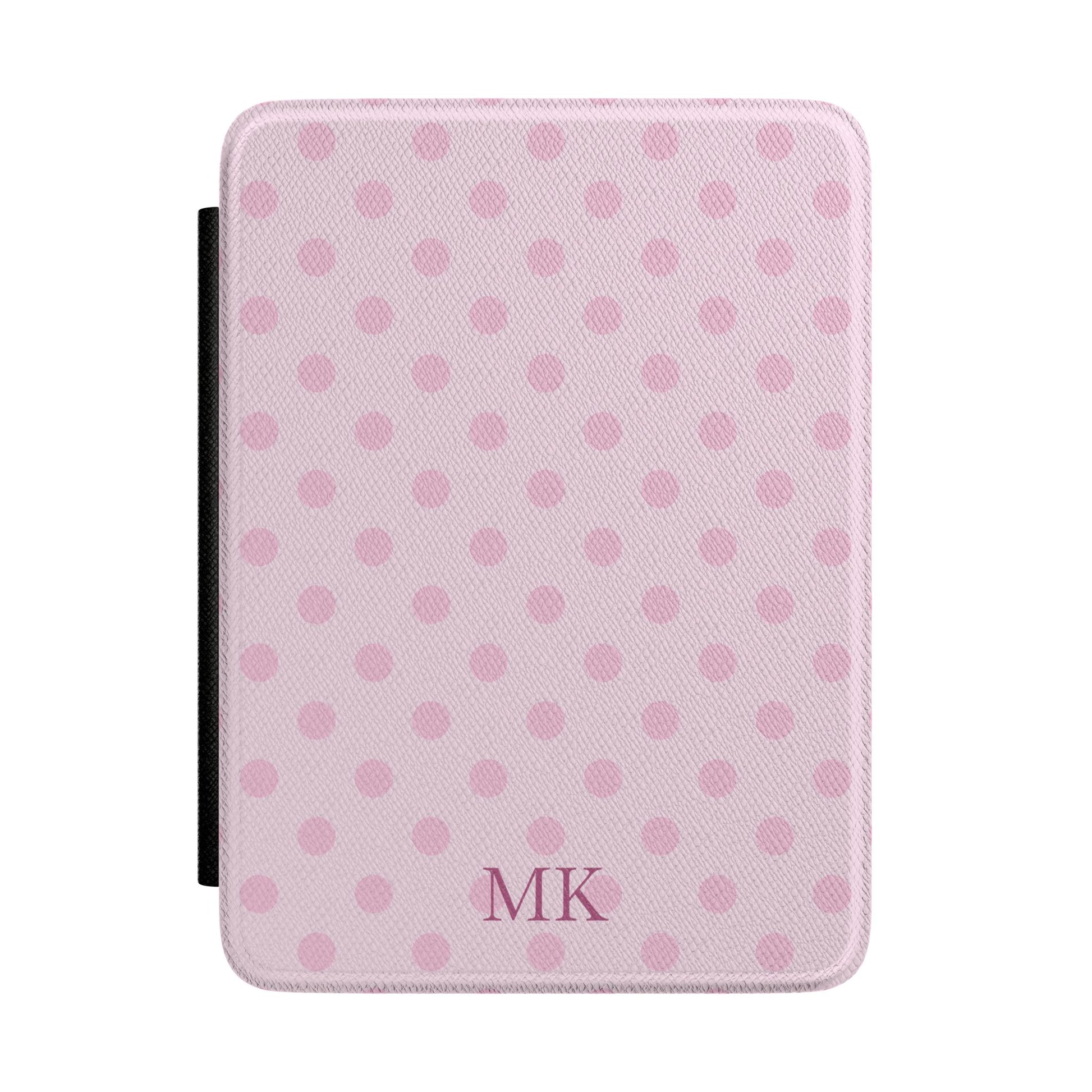 Personalized pink polka dot Kindle case with debossed initials — Coquette custom gift for her