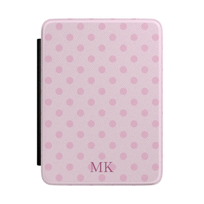 Personalized pink polka dot Kindle case with debossed initials — Coquette custom gift for her