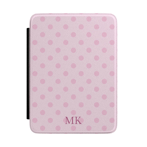 Personalized pink polka dot Kindle case with debossed initials — Coquette custom gift for her
