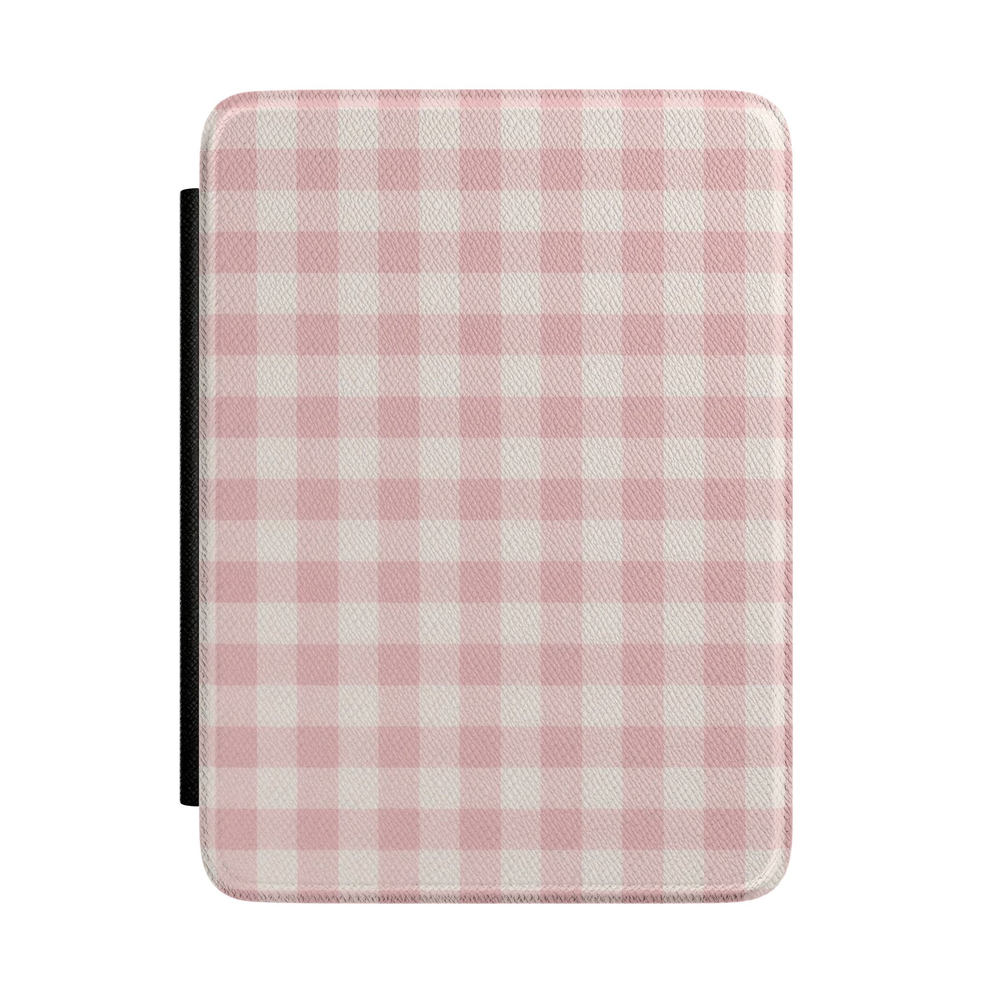 Soft pink gingham check Kindle case on cream — Coquette Reader gift for her