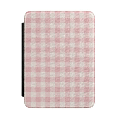 Soft pink gingham check Kindle case on cream — Coquette Reader gift for her
