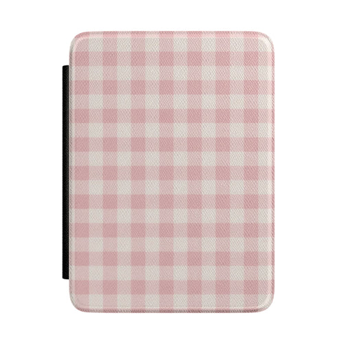 Soft pink gingham check Kindle case on cream — Coquette Reader gift for her