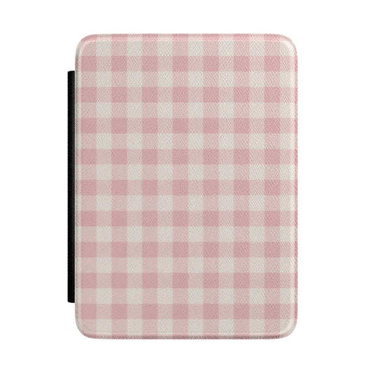 Soft pink gingham check Kindle case on cream — Coquette Reader gift for her