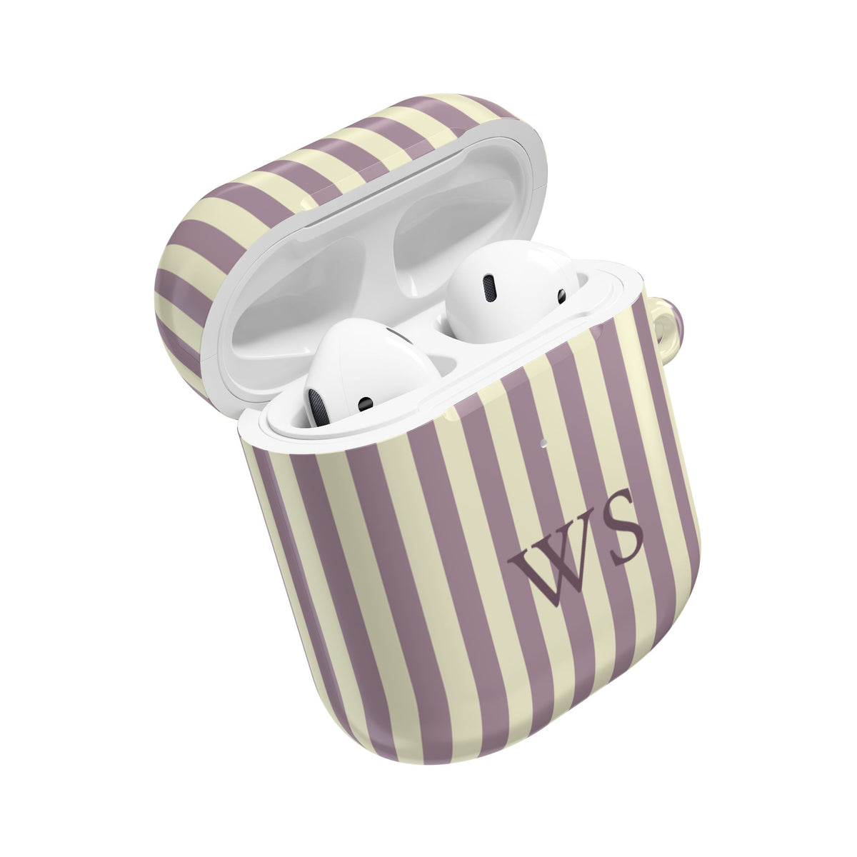 Personalized mauve stripe AirPods case open — full-wrap print