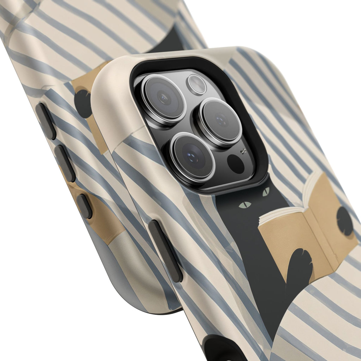 Paw and page detail on a cat illustration phone case