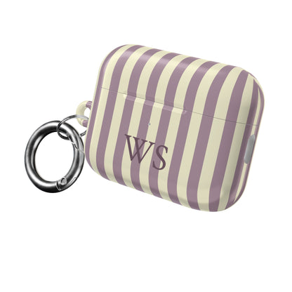 Personalized mauve stripe AirPods case with metal carabiner ring