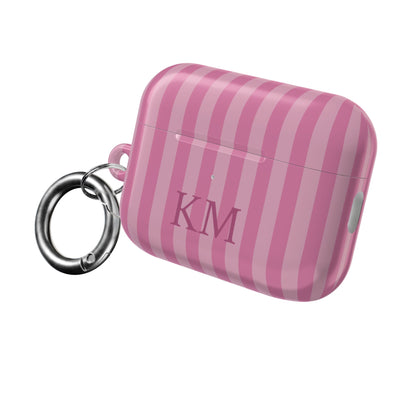 Personalized pink stripe AirPods case with metal carabiner ring
