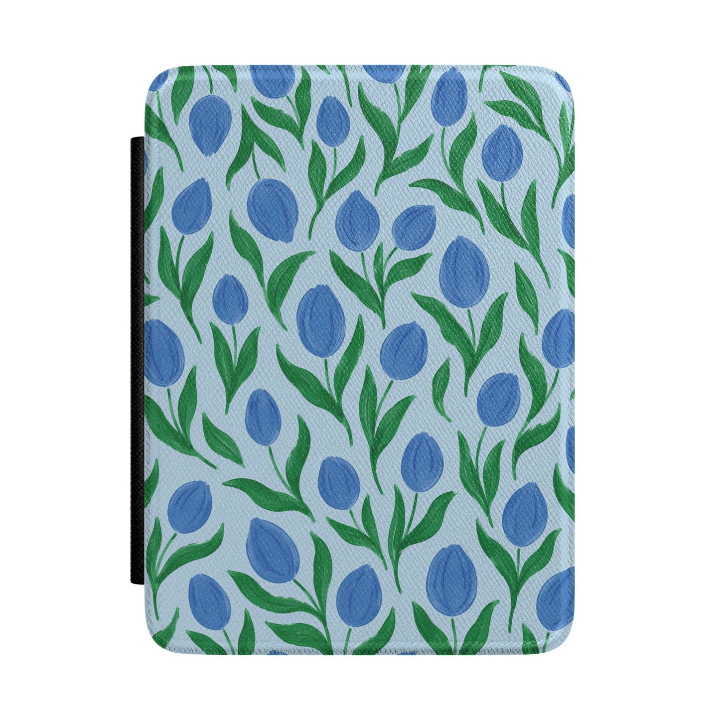 Painted cobalt tulip pattern Kindle case on pale blue — Jardin Secret botanical gift for her