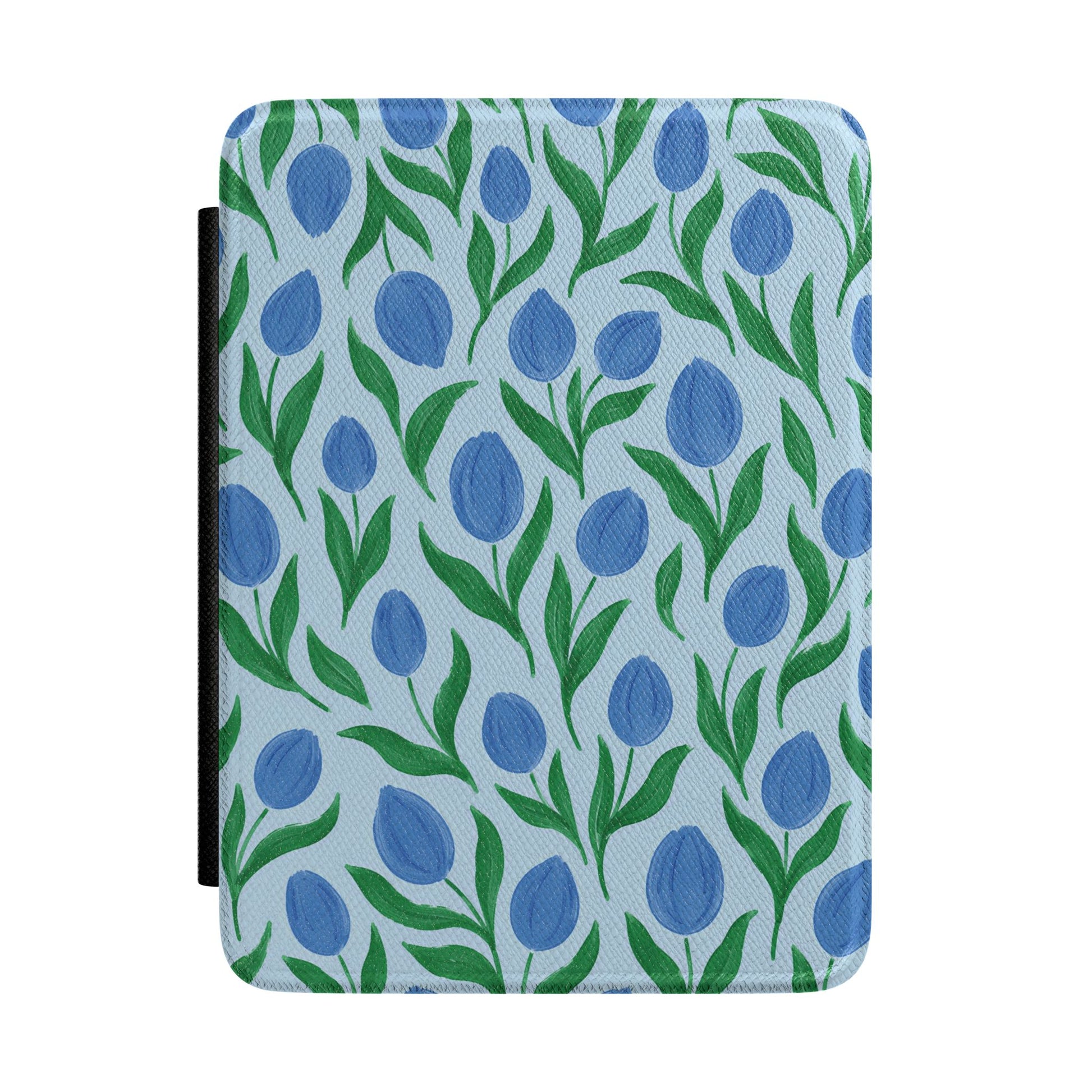 Painted cobalt tulip pattern Kindle case on pale blue — Jardin Secret botanical gift for her