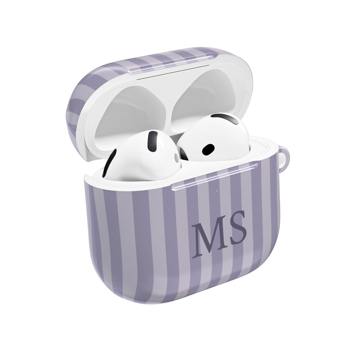 Personalized lilac stripe AirPods case open with AirPods inside
