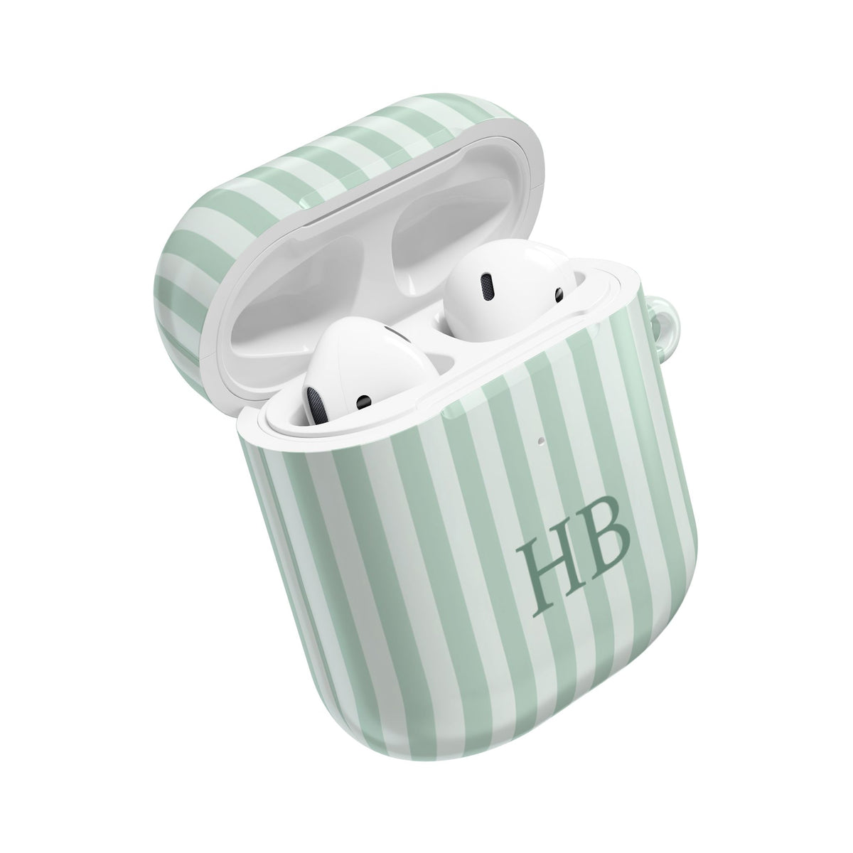 Personalized sage green stripe AirPods case open — full-wrap print