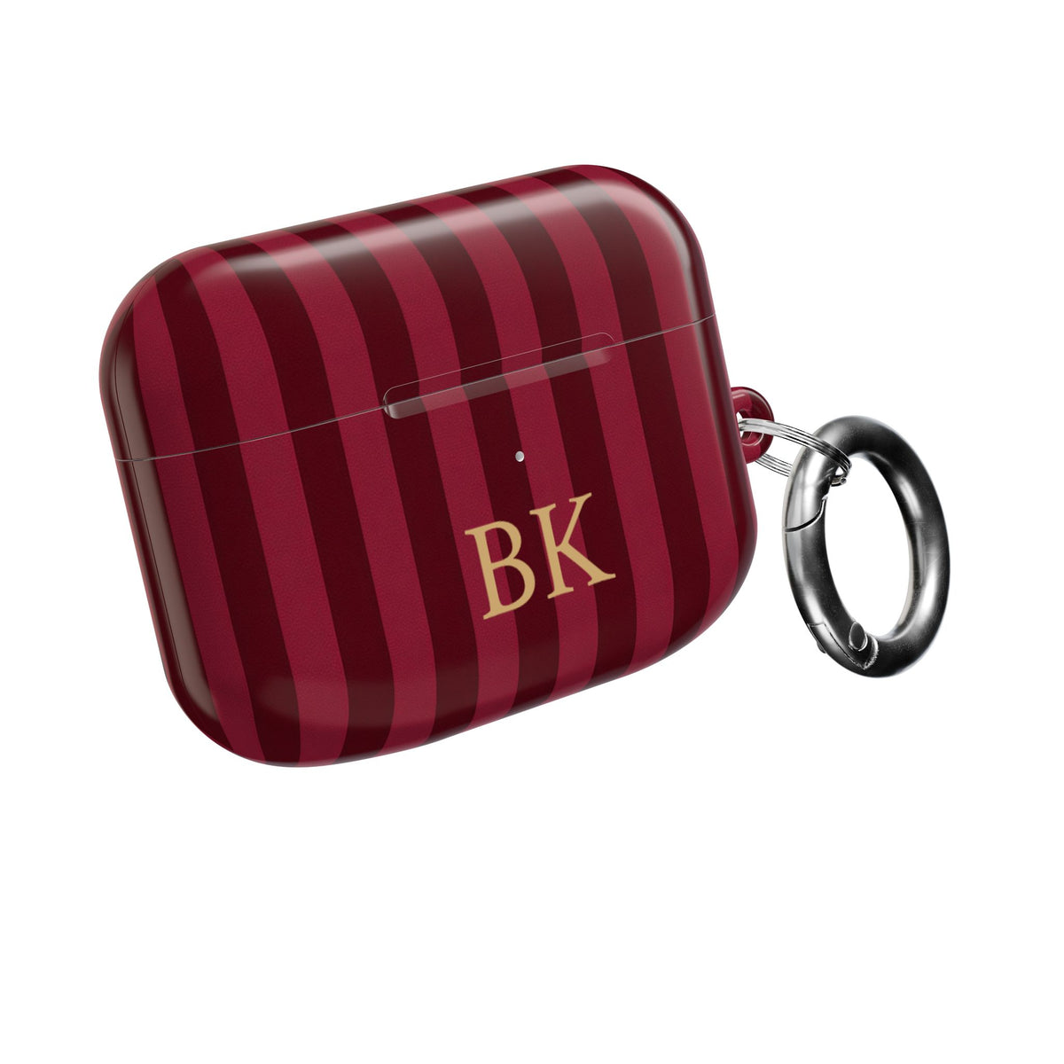 Burgundy Stripe monogram AirPods case with carabiner clip — personalized gift