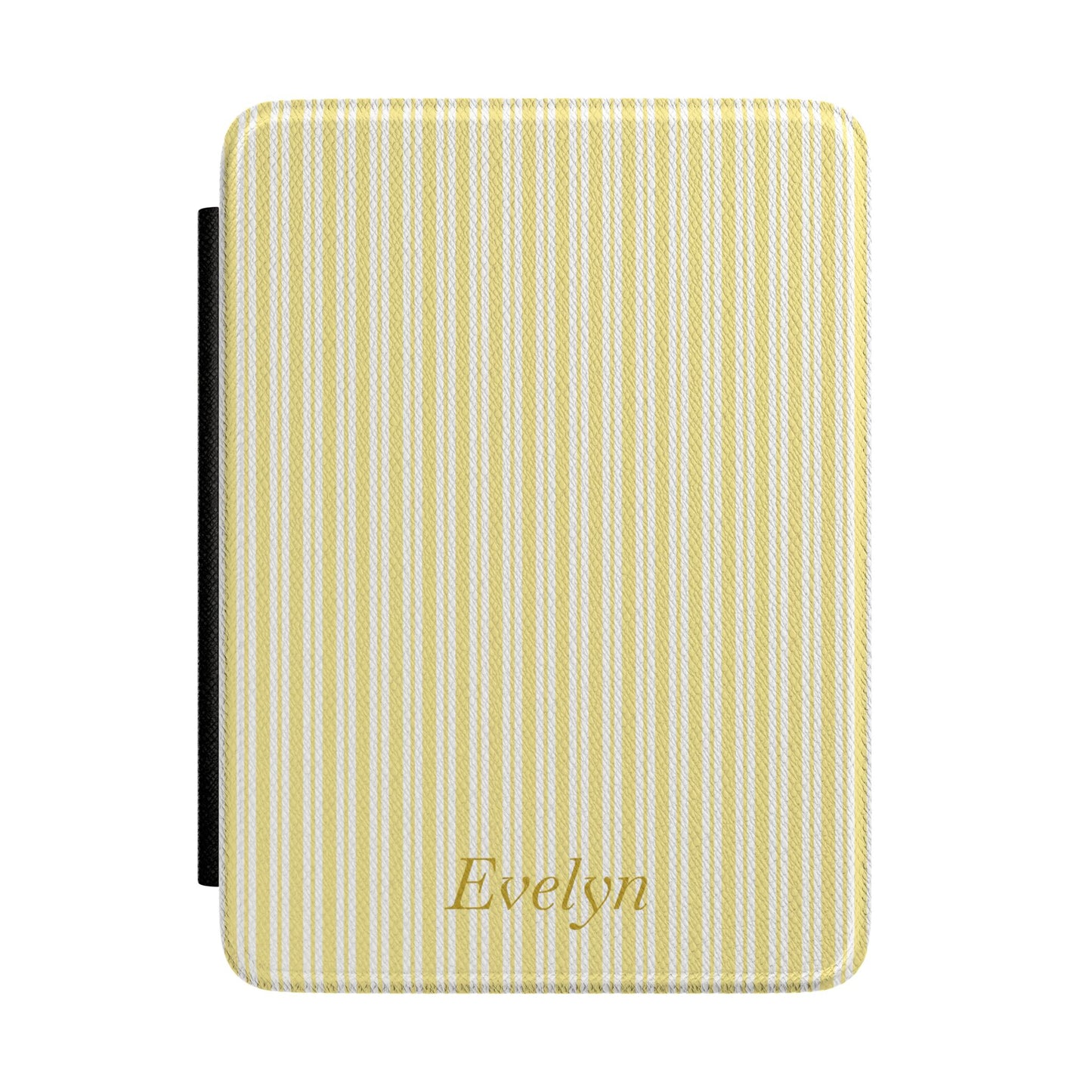 Personalized yellow ticking stripe Kindle case with debossed name — Quiet Bookish custom gift for her