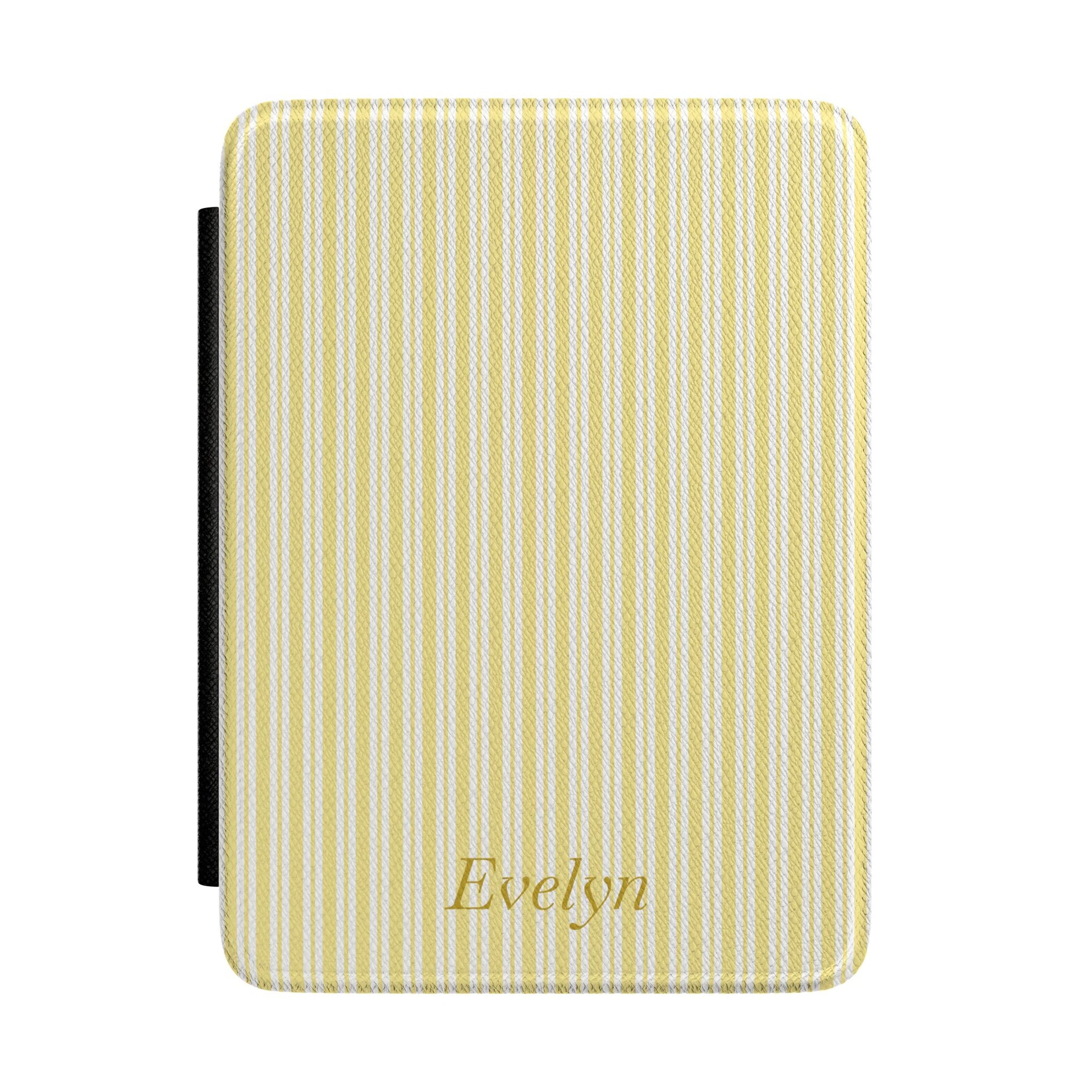 Personalized yellow ticking stripe Kindle case with debossed name — Quiet Bookish custom gift for her