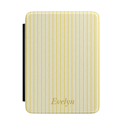 Personalized yellow ticking stripe Kindle case with debossed name — Quiet Bookish custom gift for her