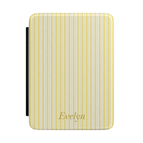 Personalized yellow ticking stripe Kindle case with debossed name — Quiet Bookish custom gift for her