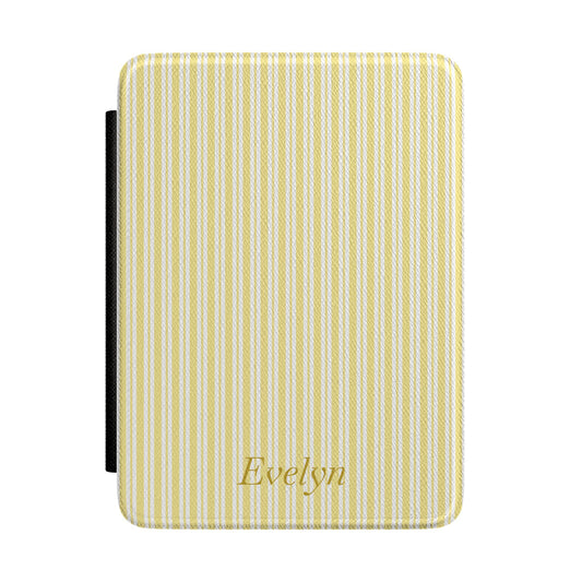 Personalized yellow ticking stripe Kindle case with debossed name — Quiet Bookish custom gift for her