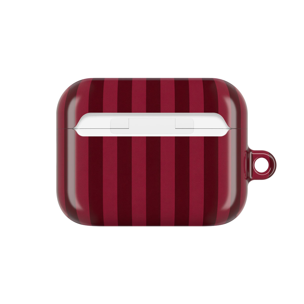 Burgundy stripe AirPods case back — stripes wrap the lid and side walls