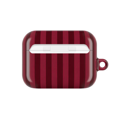 Burgundy stripe AirPods case back — stripes wrap the lid and side walls