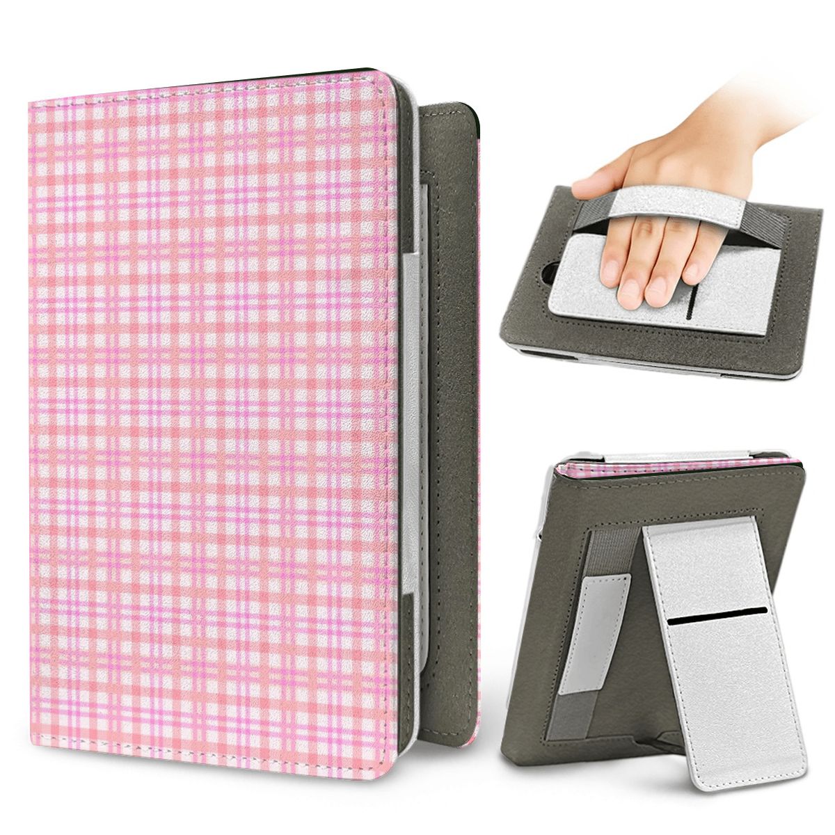 Pink Gingham Kindle case — elastic hand strap and fold-out stand on the back