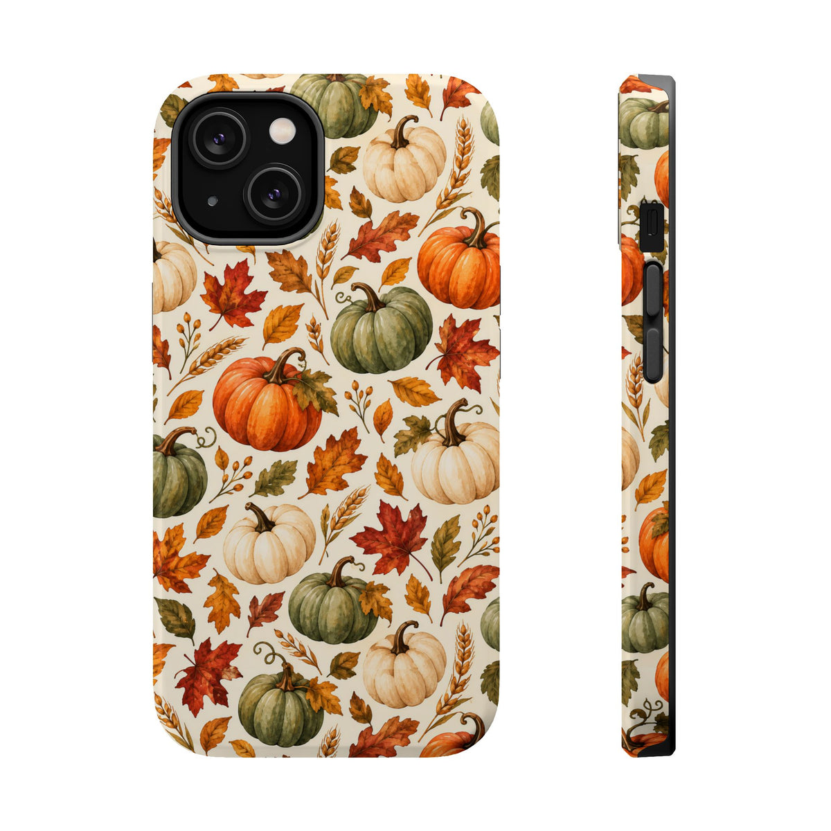 Watercolor pumpkin phone case with maple leaves and wheat on a cream ground