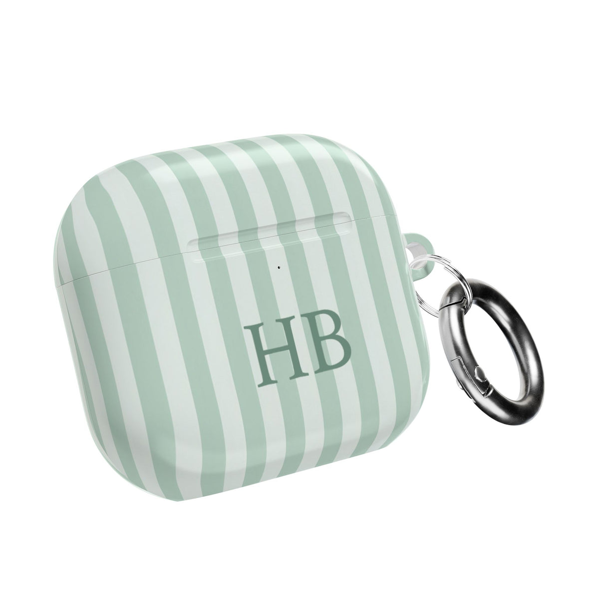 Sage Stripe monogram AirPods case with carabiner — custom initials gift