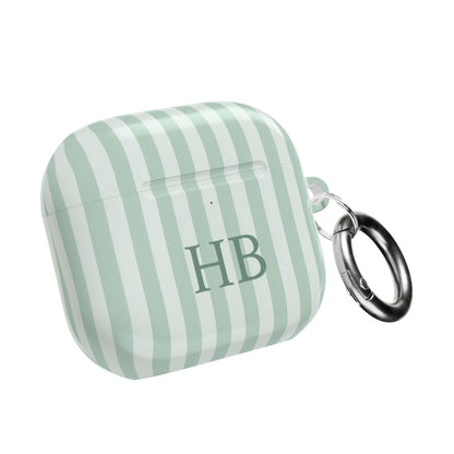 Sage Stripe monogram AirPods case with carabiner — custom initials gift
