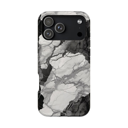 Black and white marble MagSafe iPhone case — high-contrast veined stone print