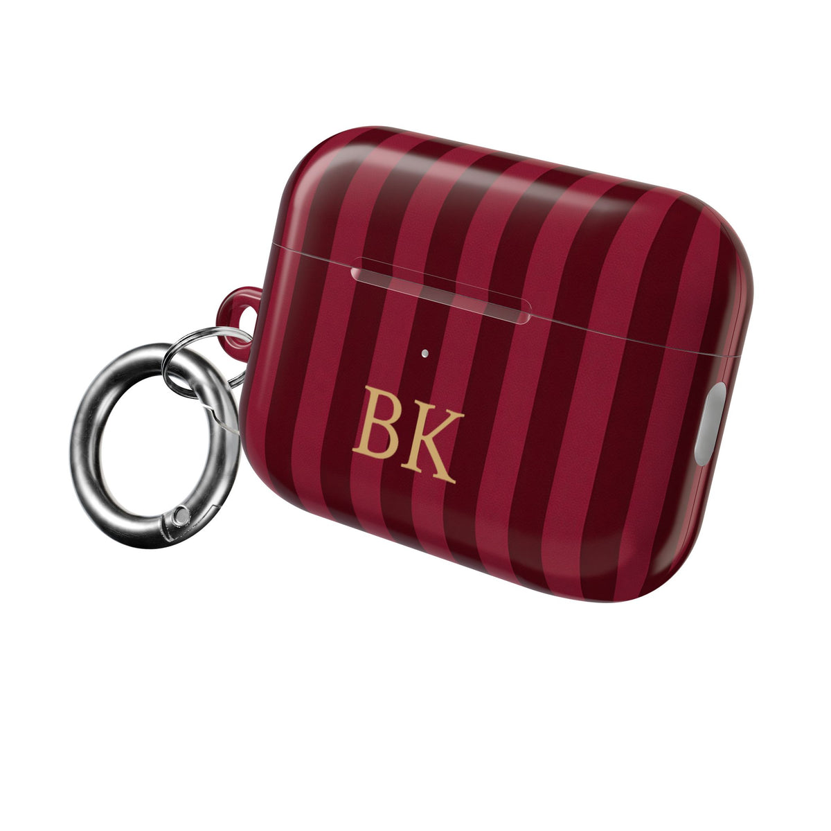 Personalized burgundy stripe AirPods case with metal carabiner ring