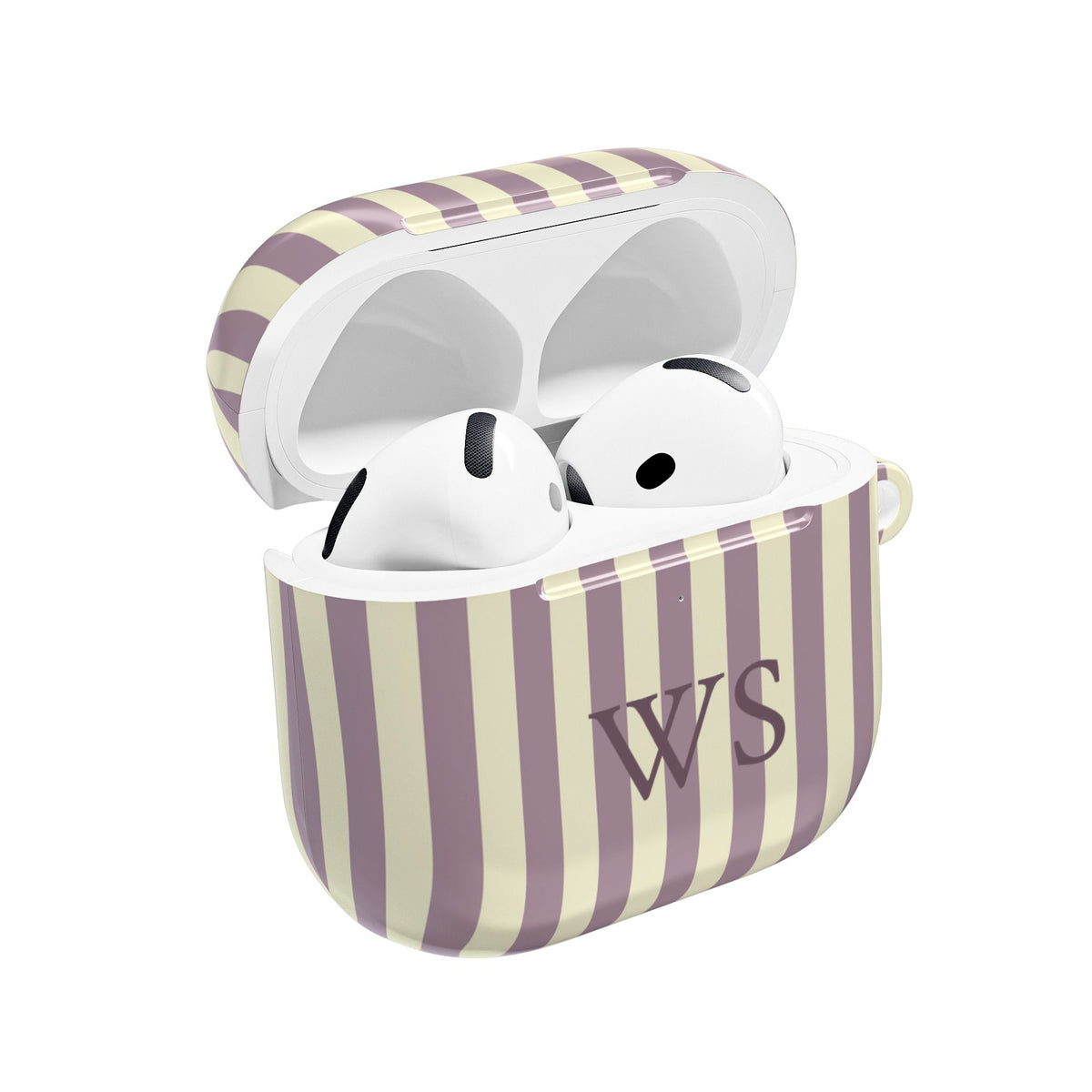 Personalized mauve stripe AirPods case open with AirPods inside