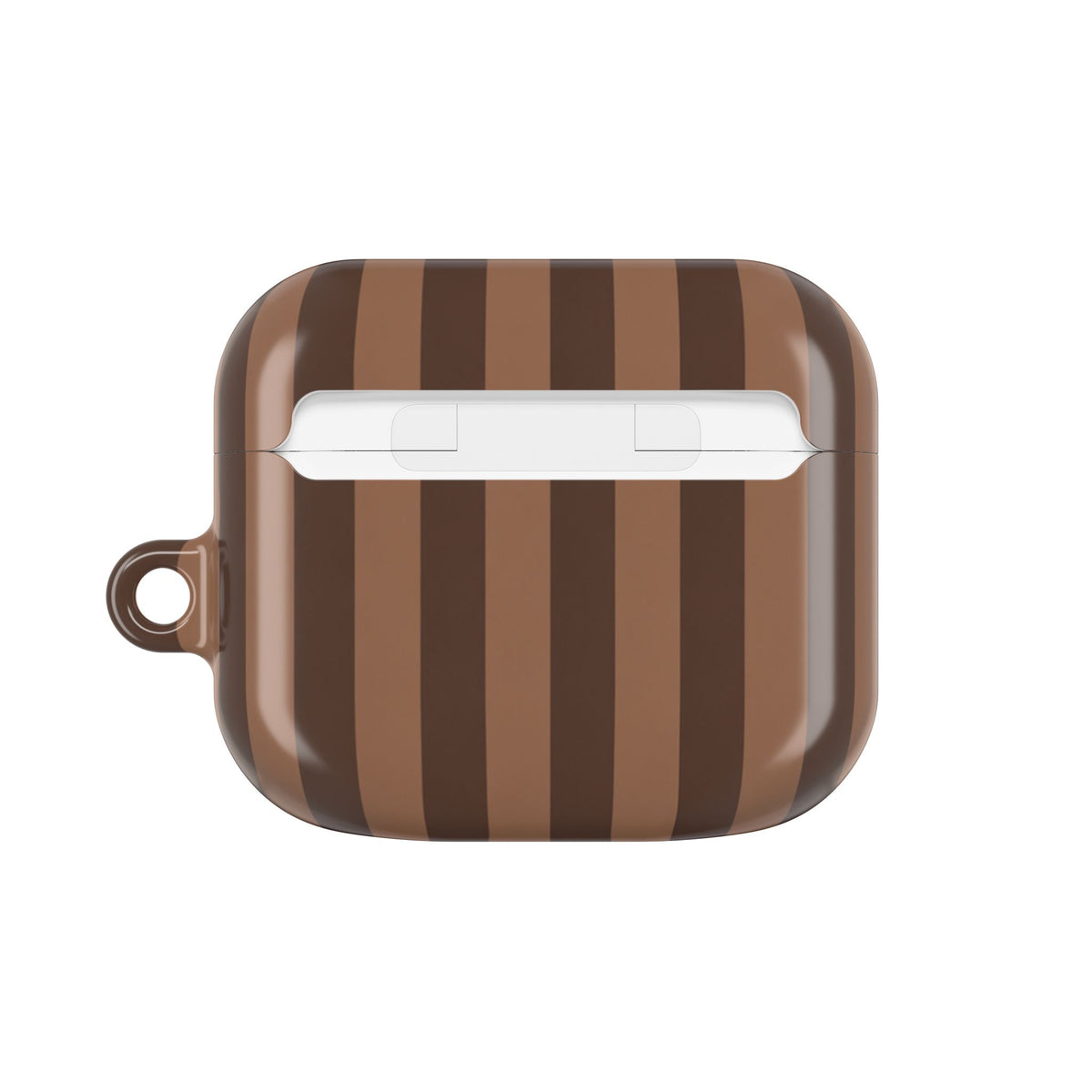 Mocha Stripe AirPods case — back view of the compact case shape