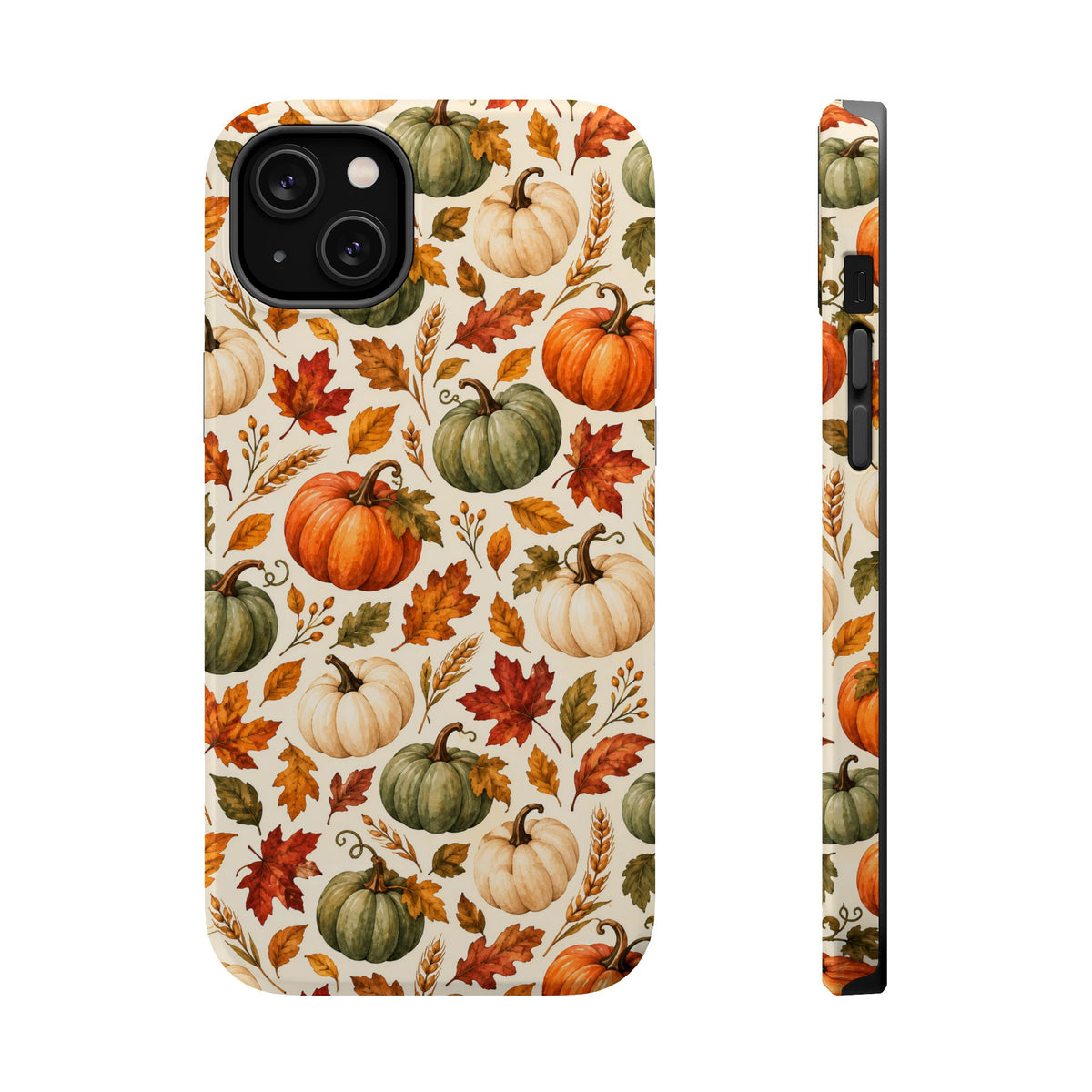 Sage green and orange pumpkins printed across a MagSafe phone case