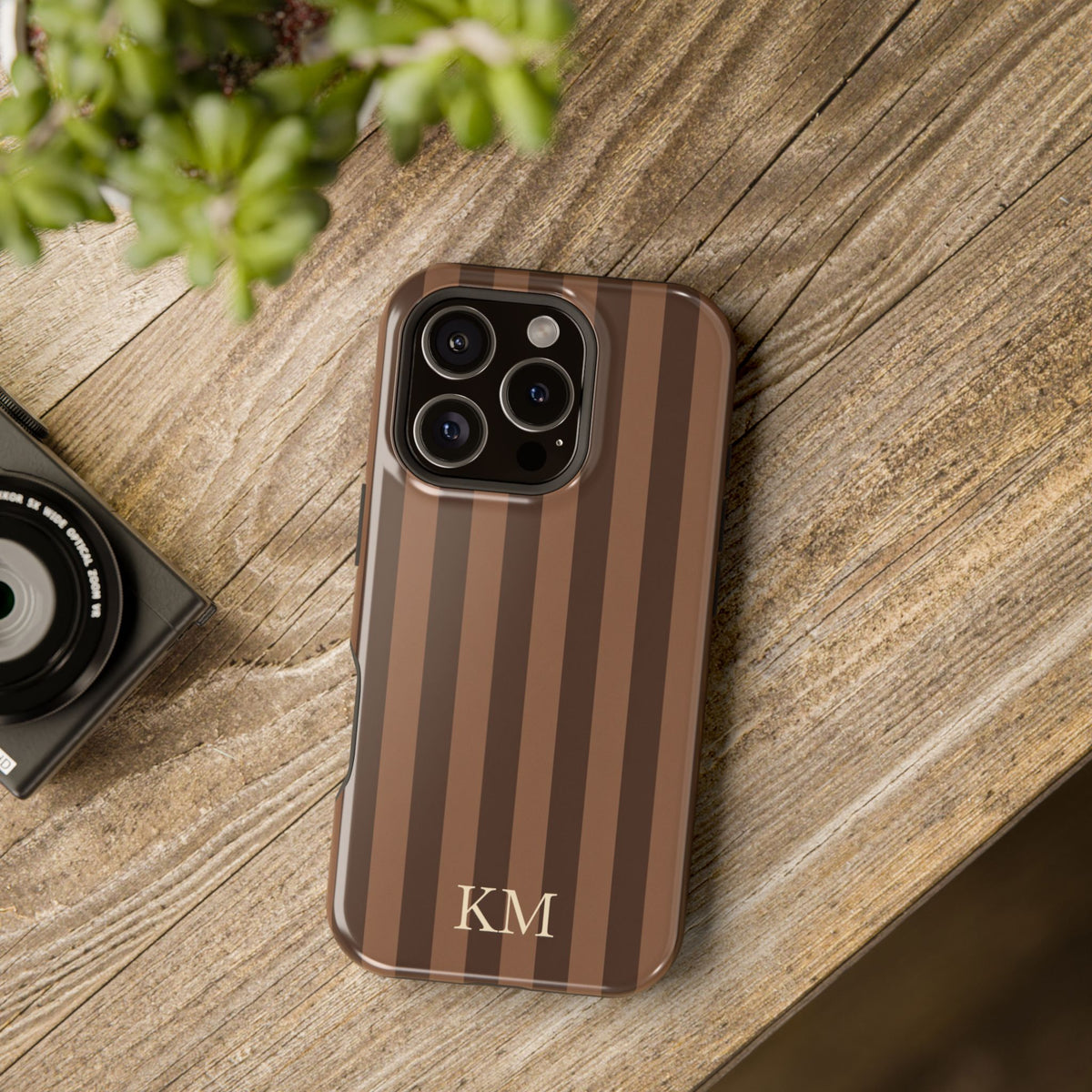 Brown Stripe Initials phone case with buttons and ports open