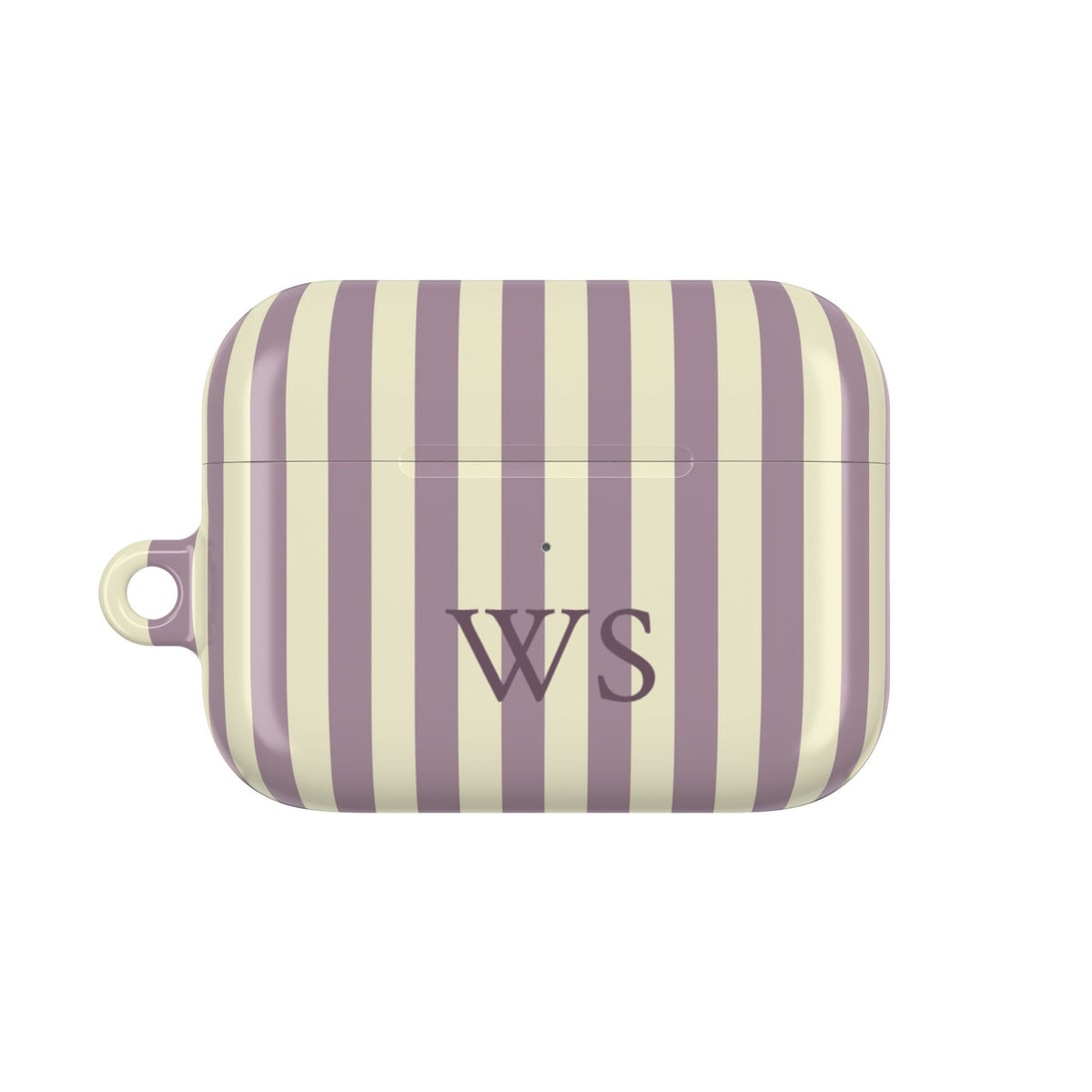 Mauve stripe AirPods Pro case personalized with initials — front view