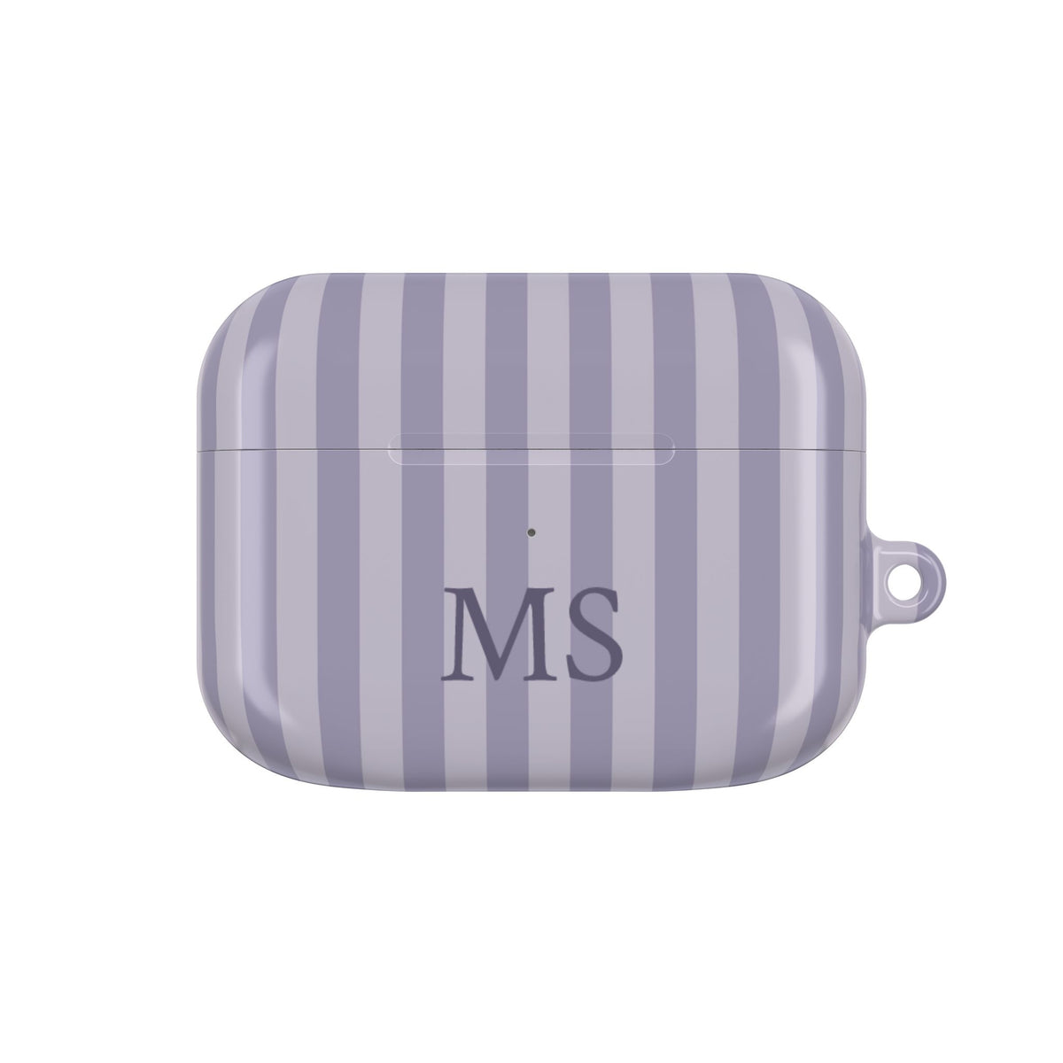 Lilac Stripe monogram AirPods case — lilac and lavender stripes with plum serif initials